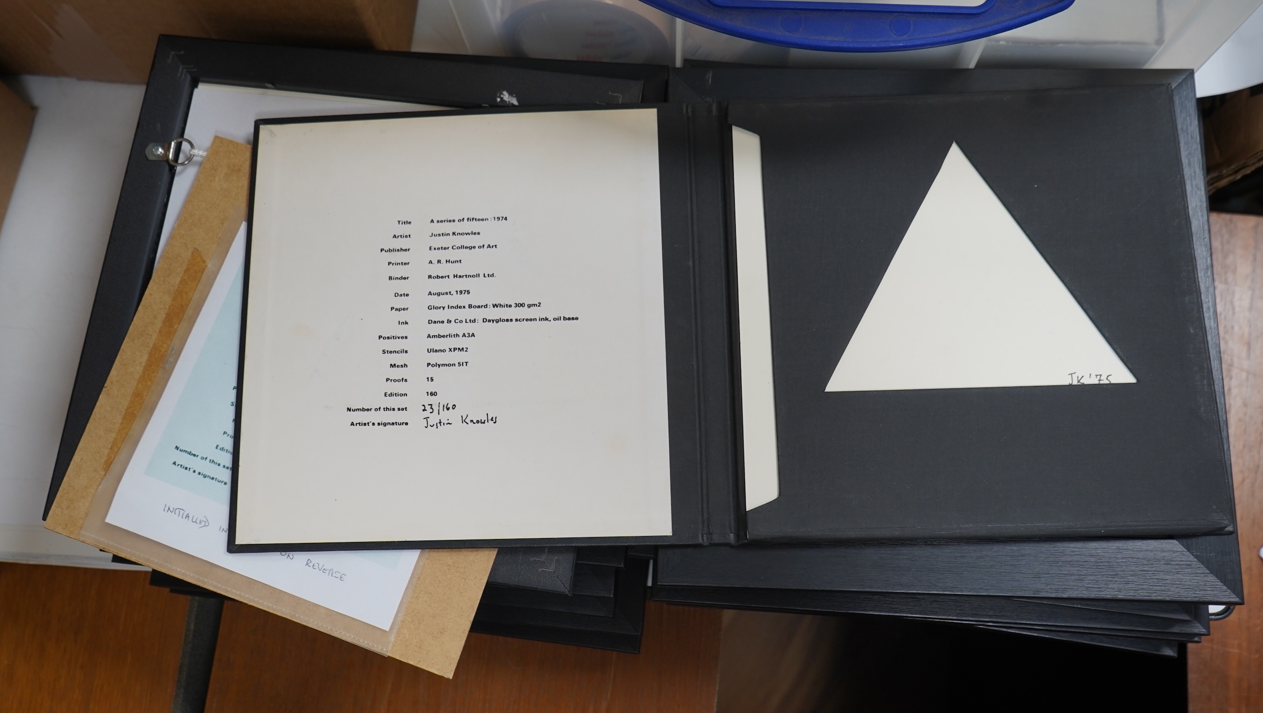 Justin Knowles (1935-2004), a set of fourteen abstract screen prints from ‘A Series of Fifteen: 1974’, each now framed, with original folio booklet, signed in ink and limited edition 23/160, each work initialled verso, 2